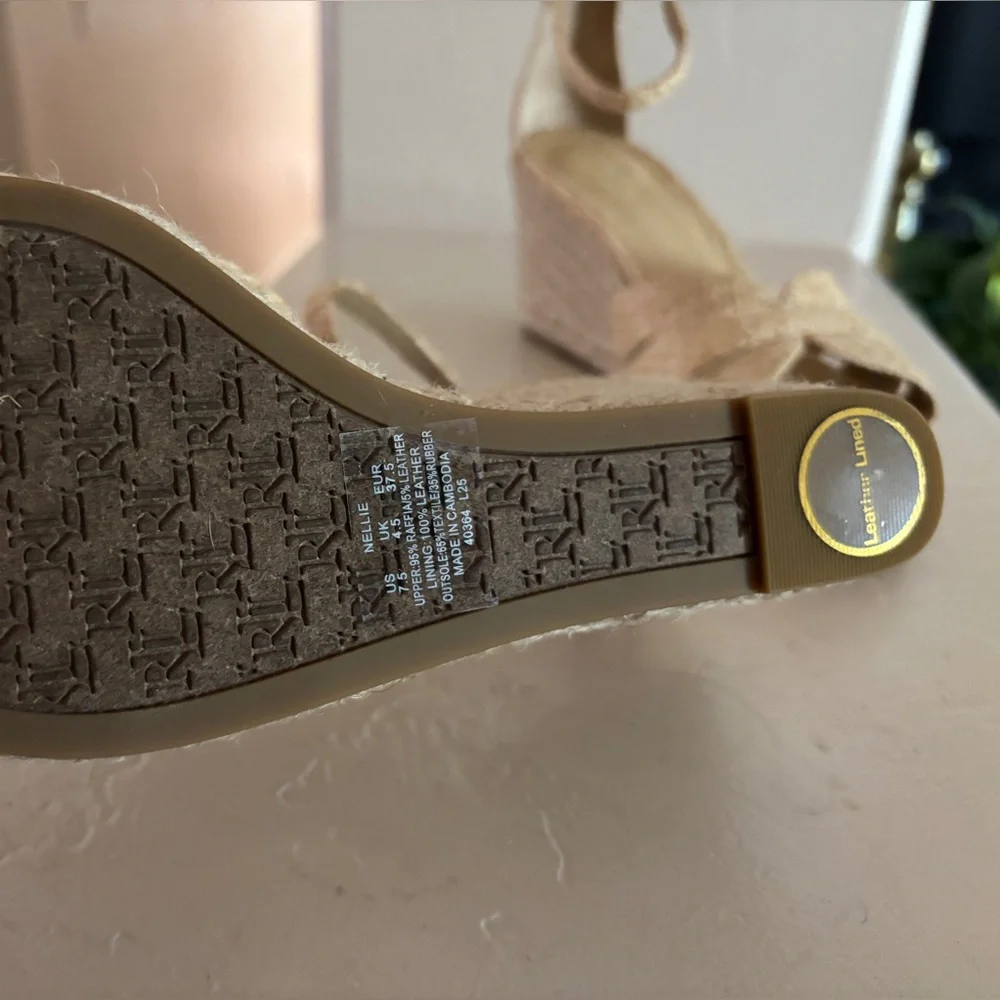 Ralph Lauren Natural Woven Ankle Strap Wedge Sandals Nelia Raffia Espadrille 7.5